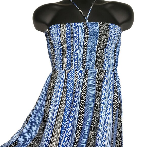 Smock Top Maxi Geometric Print Blue White Black Halter Dress Size XL - Picture 3 of 9
